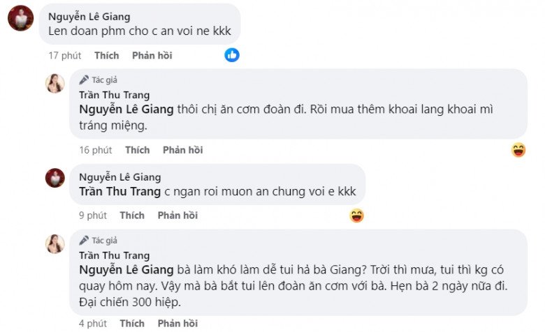 Danh hài Lê Giang liền rủ Thu Trang lên ăn cơm đoàn, bà xã Tiến Luật đáp: Thôi chị ăn cơm đoàn đi. Rồi mua thêm khoai lang, khoai mì tráng miệng. Tuy nhiên Lê Giang cho hay: Chị ngán rồi, muốn ăn chung với em.