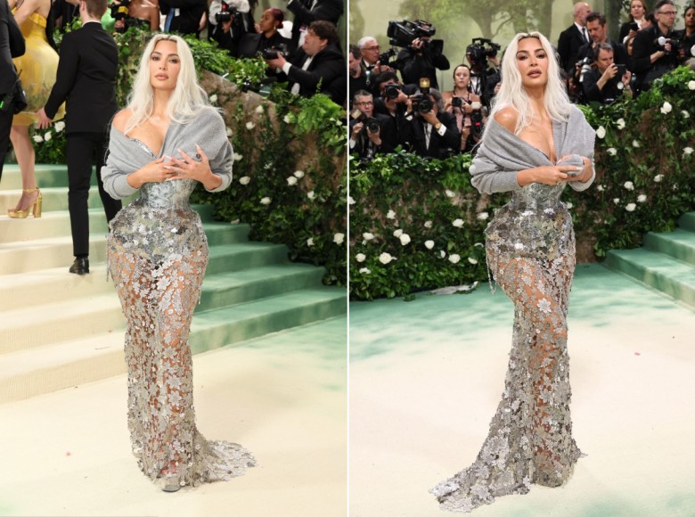 Diện mạo của Kim Kardashian trong bộ trang phục váy ánh kim của Maison Margiela.