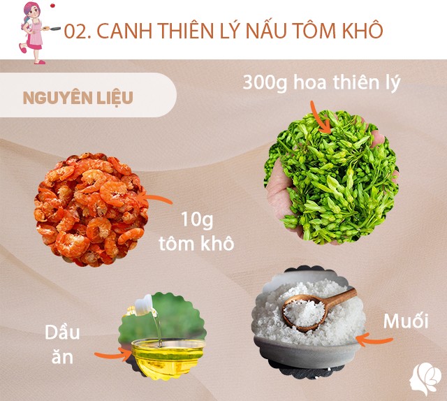 Chuẩn bị: 300g thiên lý, 10g tôm khô, dầu ăn, muối, 50g mọc giò sống.