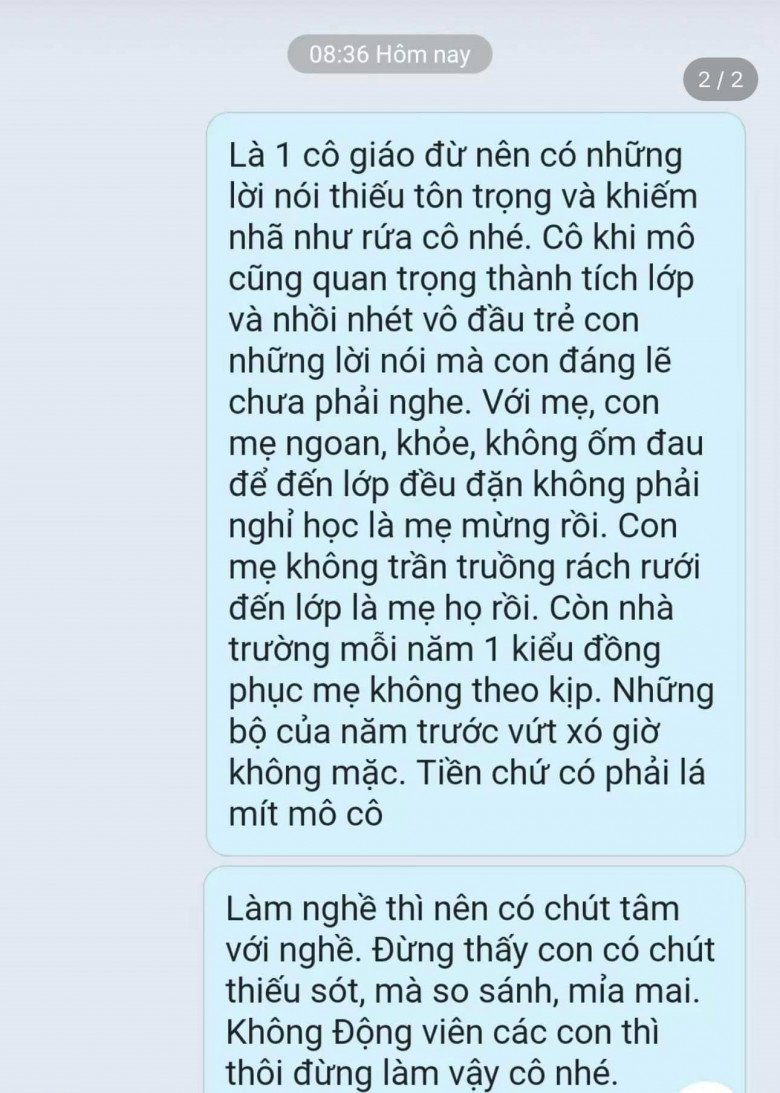 Chị D.H bức xúc nhắn lại ngay khi cô giáo vừa gửi ảnh.