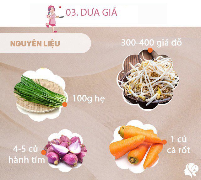 Chuẩn bị: - Giá đỗ: 350-400g - Lá hẹ: 100g - Cà rốt: 1 củ - Hành tím: 4-5 củ - 2 trái ớt - Muối, đường, giấm, nước đun sôi để nguội. 