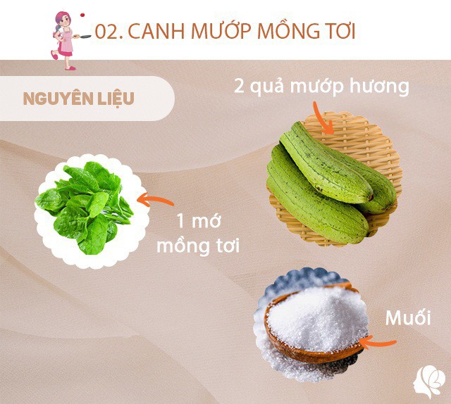 Chuẩn bị: 2 quả mướp hương, 1 mớ mồng tơi, 50g thịt băm, muối vừa đủ, 1 củ hành khô.