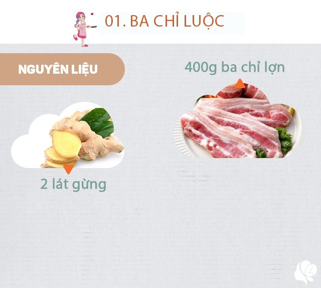 Chuẩn bị: 400g thịt ba chỉ, 2 lát gừng, 1 nhánh hành lá.