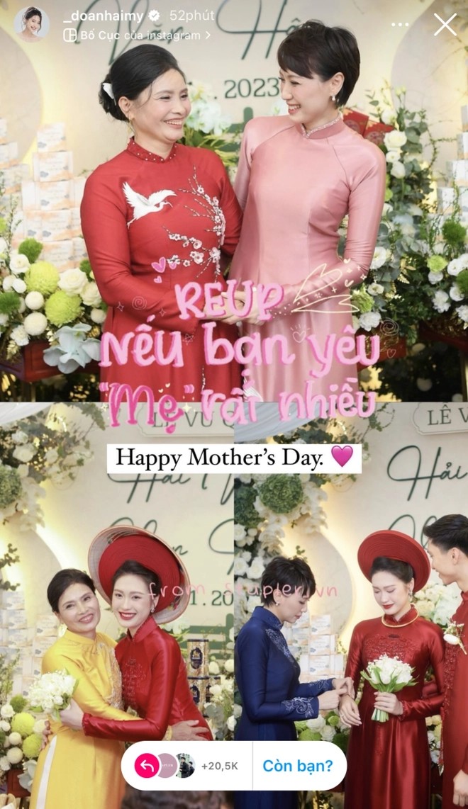 Trên Instagram, Doãn Hải My - vợ của Đoàn Văn Hậu khoe ảnh mẹ ruột và mẹ chồng cười nói thân thiết trong ngày ăn hỏi. Cô nàng cũng đăng ảnh ôm mẹ Văn Hậu rất tình cảm.