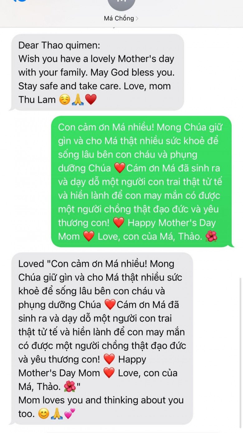 Đoạn tin nhắn giữa Thanh Thảo và mẹ chồng trong Ngày của Mẹ. 