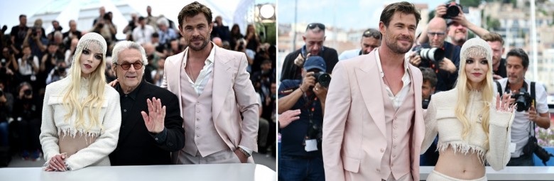 Từ trái sang: Anne Taylor-Joy, đạo diễn kiêm biên kịch George Miller và Chris Hemsworth tạo dáng trong buổi ra mắt bom tấn Furiosa: A Mad Max Saga . Trước đó một ngày, tác phẩm nhận được tràng pháo tay dài 7 phút ở Cannes.