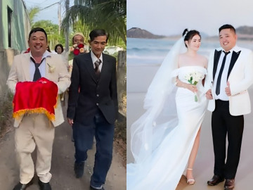 Cò Phùng Ngọc hôn cô dâu kém 10 tuổi trong tiệc cưới ở quê nhà