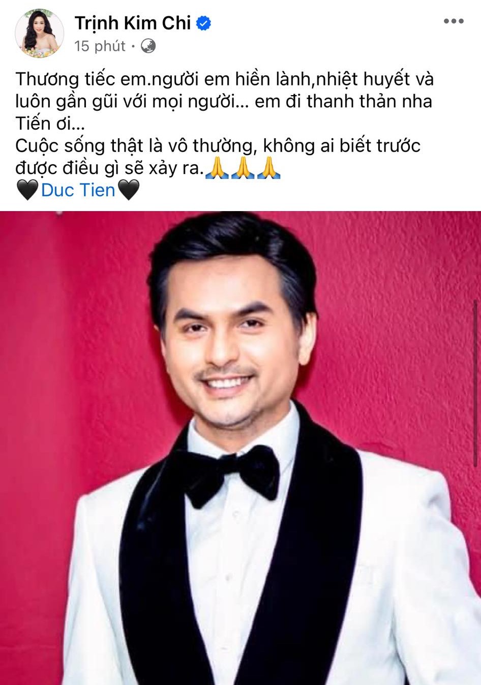 NSND Trịnh Kim Chi thương tiếc khi hay tin đàn em qua đời.