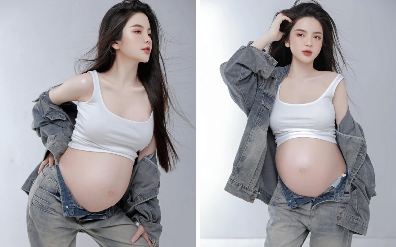 Mẹ bầu Chu Thanh Huyền trong phong cách cá tính với trang phục quần áo jean, ai nấy cũng ấn tượng vì chiếc bụng không vết rạn da của nàng Wag khi mang thai ở những tháng cuối.
