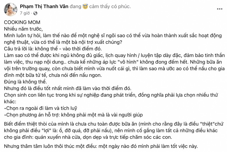 Phần đầu bài tâm sự của nữ diễn viên trên trang cá nhân.