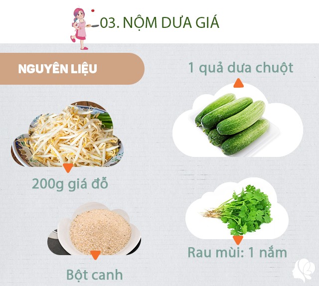 Chuẩn bị: 1 quả dưa chuột, 200g giá đỗ, bột canh, chanh, ớt, đường, tỏi băm, rau mùi.