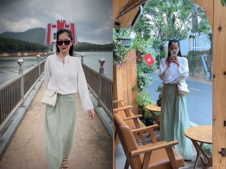 Trong một số video đi chơi quanh Đà Lạt, Nam Em cũng ăn mặc rất giản dị với áo sơ mi và chân váy maxi đơn giản. 