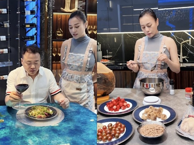 Phương Oanh vào bếp chuẩn bị bữa tối cho ông xã và bản thân. 