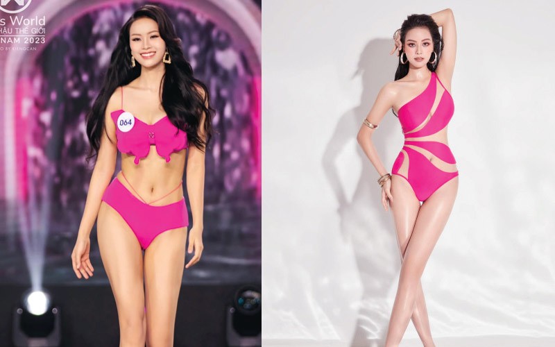 Trước và trong phần thi  "Người đẹp Biển" của Miss World Vietnam 2023, Đào Thị Hiền chọn mẫu áo tắm liền thân màu hồng fuchsia rực rỡ, đây cũng là lần diện bikini hiếm hoi của cô. 
