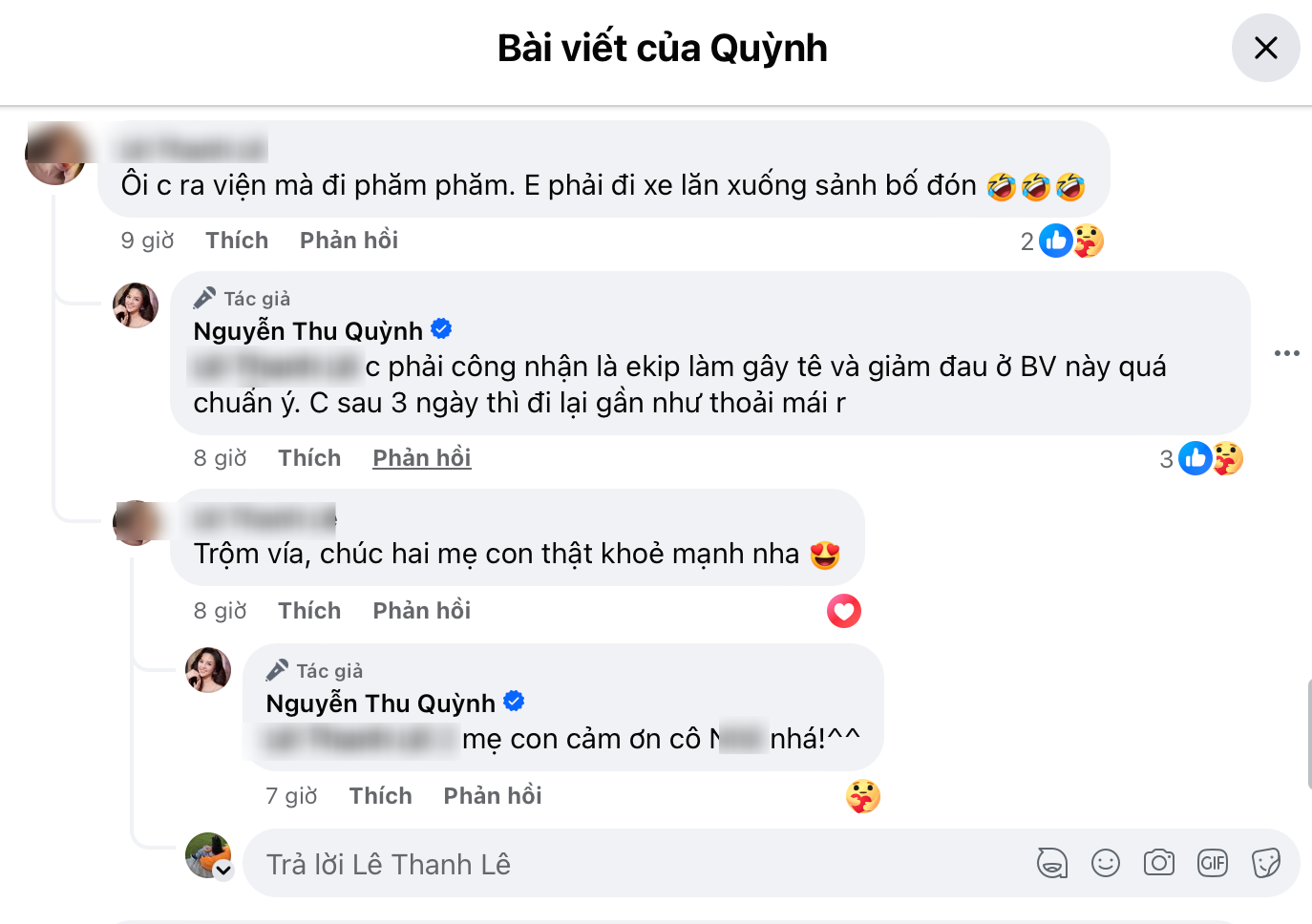 Thu Quỳnh cho biết sau 3 ngày sinh mổ thì đi lại gần như thoải mái.