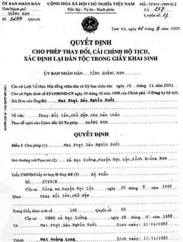 Về sau, cái tên Mai Phạt Sáu Nghìn Rưởi mang đến nhiều phiền phức cho con trai. Vì vậy, vợ chồng ông Cán đã phải đi đổi tên cho con thành Mai Hoàng Long.
