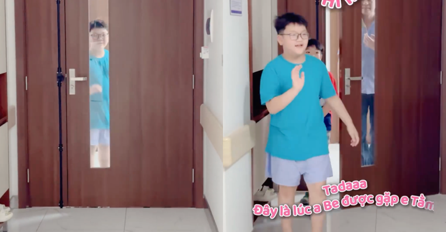 Bé Be đợi gặp em gái.