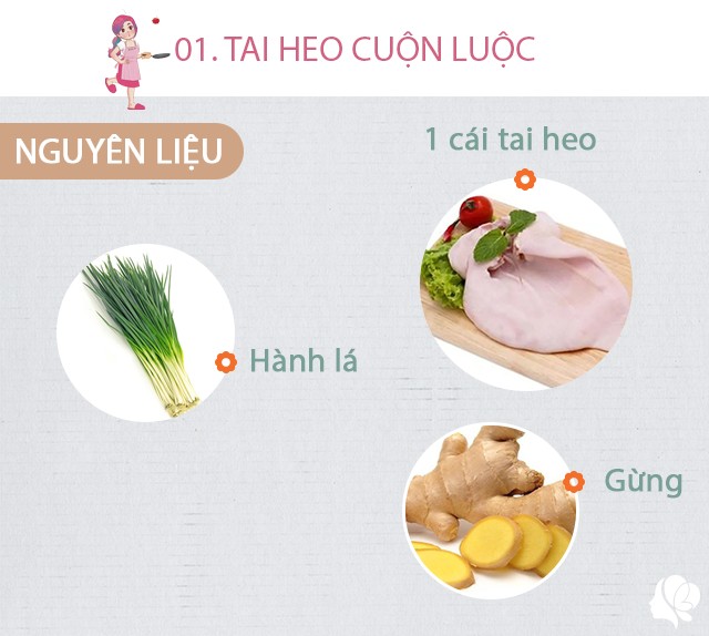 Chuẩn bị: 1 cái tai heo đã làm sạch, 2 nhánh hành lá, một mẩu gừng.