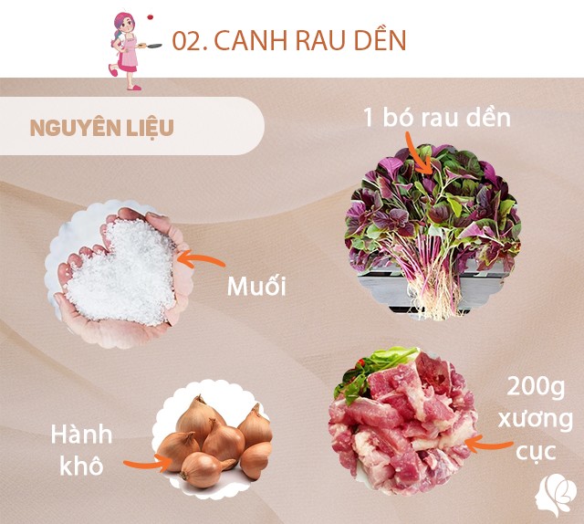 Chuẩn bị: 1 bó rau dền, 200g xương cục, hành khô, muối vừa ăn.