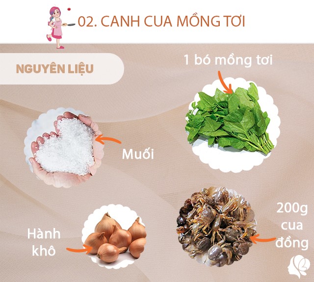 Chuẩn bị: 1 mớ mồng tơi - 200g cua đồng - Gia vị: muối, mì chính, hành khô.