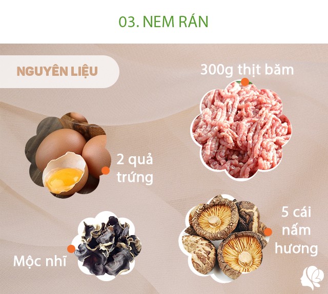 Chuẩn bị: 300g thịt băm, 2 quả trứng, 5 cái nấm hương, một ít mộc nhĩ, 1 bó miến nhỏ, hành lá, bột canh, 1/2 củ cà rốt, 1/2 củ hành tây, 100g giá đỗ, bánh tráng.