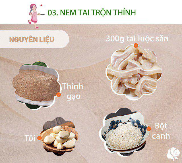 Nguyên liệu: 300g tai heo luộc chín, thái sẵn; 100g thính gạo; 1 muỗng cà phê nước mắm; 1 muỗng cà phê bột canh; 1 muỗng cà phê đường; 1 củ tỏi; 3 quả ớt; 5-7 lá chanh.