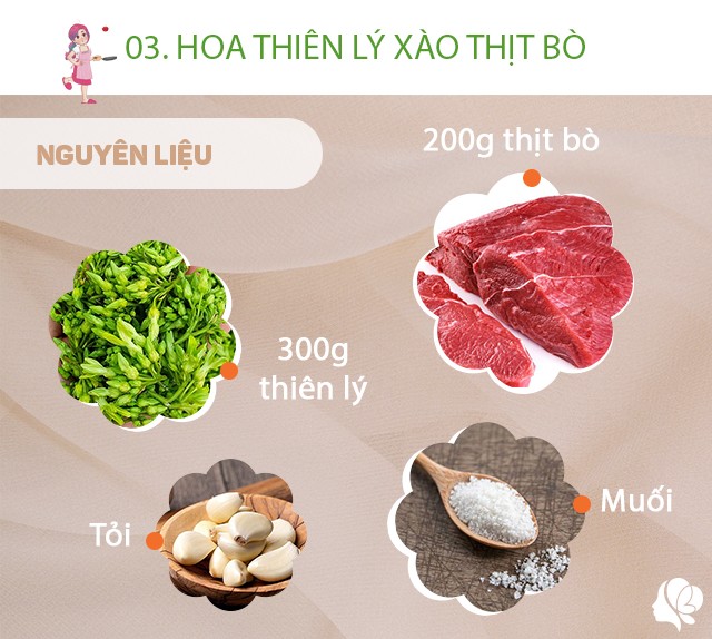 Chuẩn bị: 200g thịt bò, 300g hoa thiên lý, muối, tỏi, gừng, dầu ăn, dầu hào.