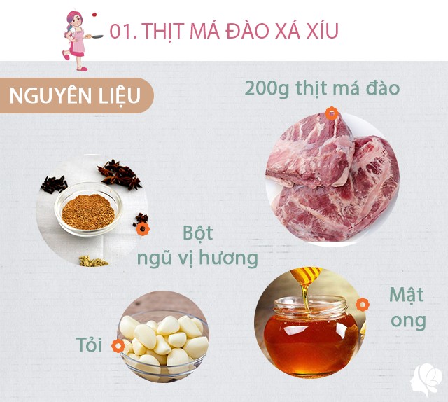 Chuẩn bị: - 300g thịt má đào - 1 gói ngũ vị hương - 1 củ tỏi - 2 thìa cà phê mật ong - Gia vị: Đường trắng, hạt tiêu xay, 1 muỗng cà phê dầu hào, 3 muỗng cà phê xì dầu.