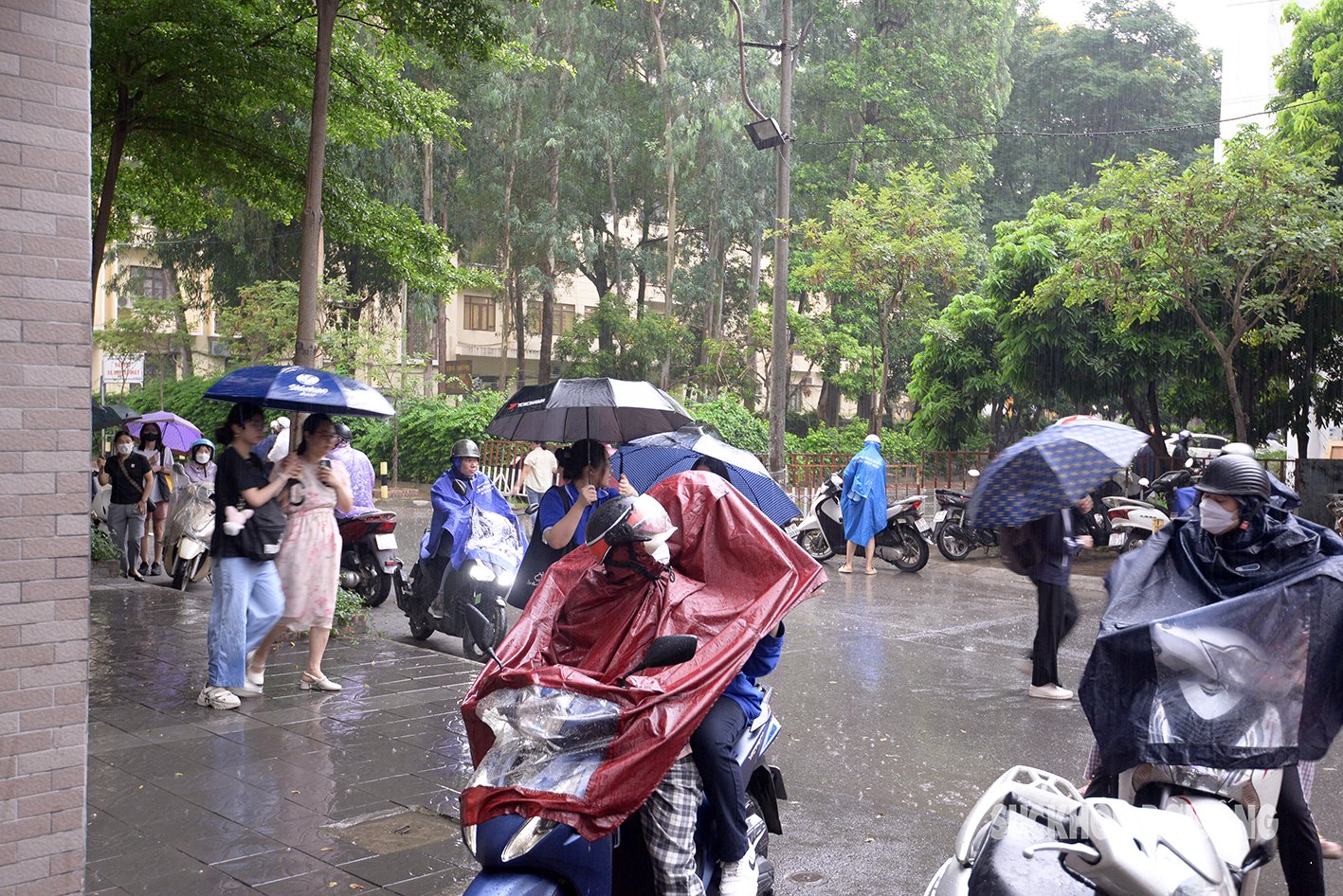 Phụ huynh và thí sinh đến điểm thi trong cơn mưa tầm tã.