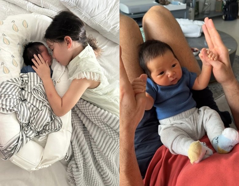 Hà Anh vô cùng hạnh phúc khi có chồng và con gái cùng giúp đỡ chăm em bé.