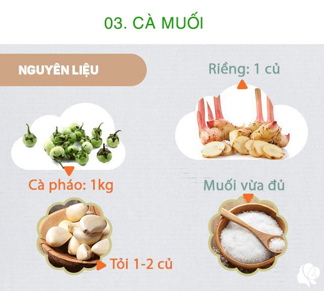 Chuẩn bị: - 1 kg cà pháo - 50g riềng - 20g tỏi - 100g muối - 2 thìa cà phê đường.