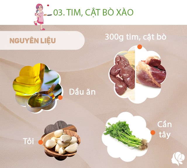 Chuẩn bị: 300g cả tim và cật bò, cần tây, dầu ăn, tỏi tây, tỏi, gừng, dầu ăn.