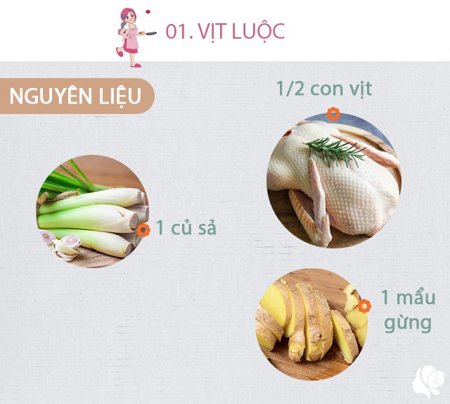 Chuẩn bị: 1/2 con vịt, một mẩu gừng, 1 củ sả, rượu trắng, muối.