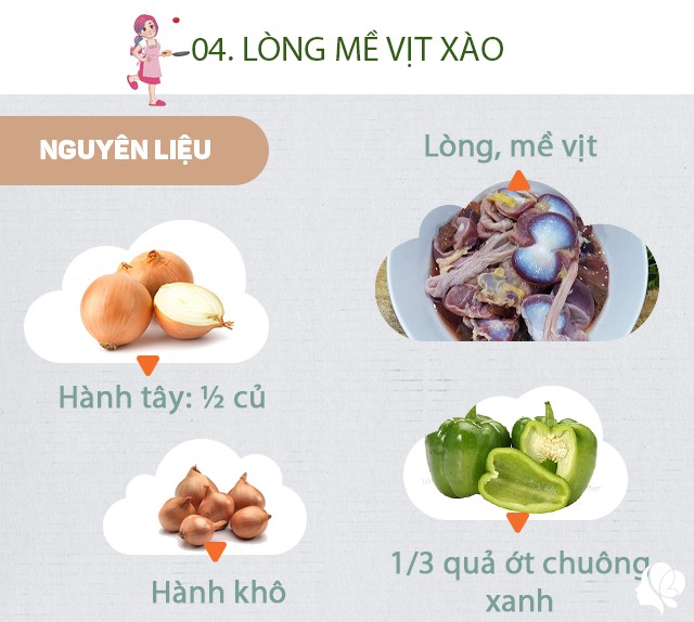 Chuẩn bị: 1 bộ lòng mề vịt, 1/3 quả ớt chuông xanh, 1/3 quả ớt chuông vàng, 1/3 quả ớt chuông đỏ, muối, dầu ăn, hành khô, tỏi khô, 1/4 quả dứa, 1/2 củ hành tây.