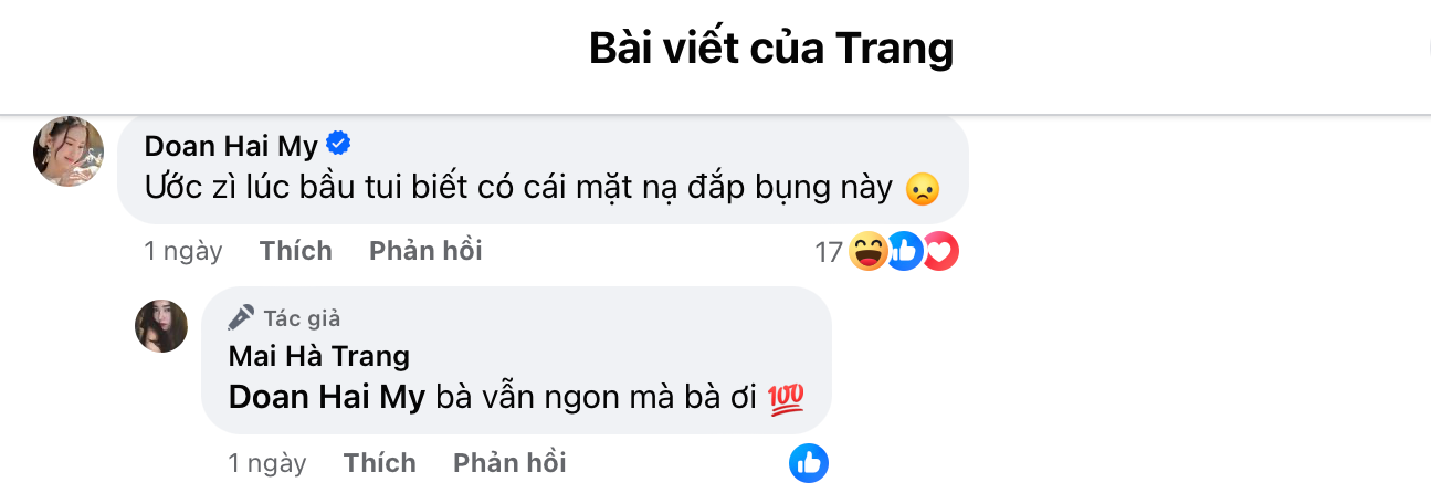 Doãn Hải My bình luận trên trang cá nhân của Mai Hà Trang.