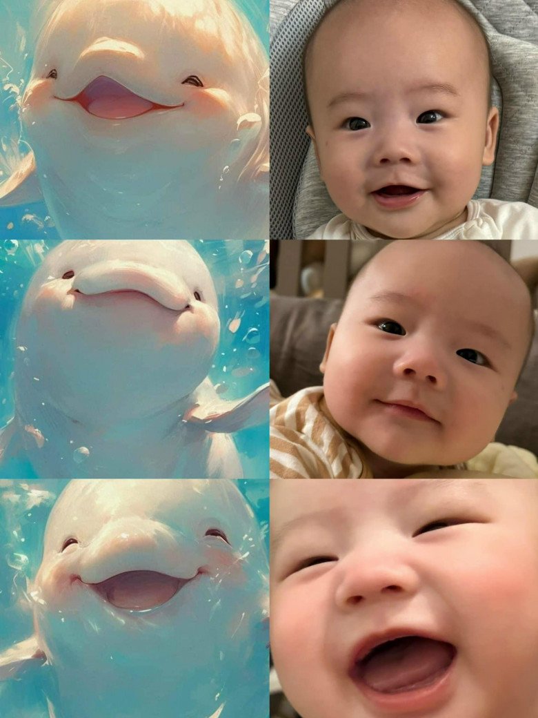 Bé TiNo có biểu cảm gương mặt giống cá heo.
