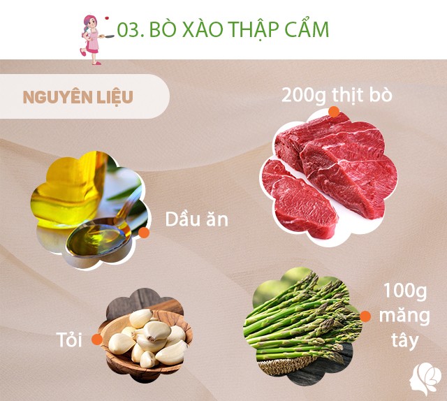 Chuẩn bị: 100g măng tây, 200g thịt bò, dầu ăn, tỏi, gừng, 50g quả đậu Hà Lan, 1 mẩu cà rốt, một ít ngô bao tử, muối vừa ăn.