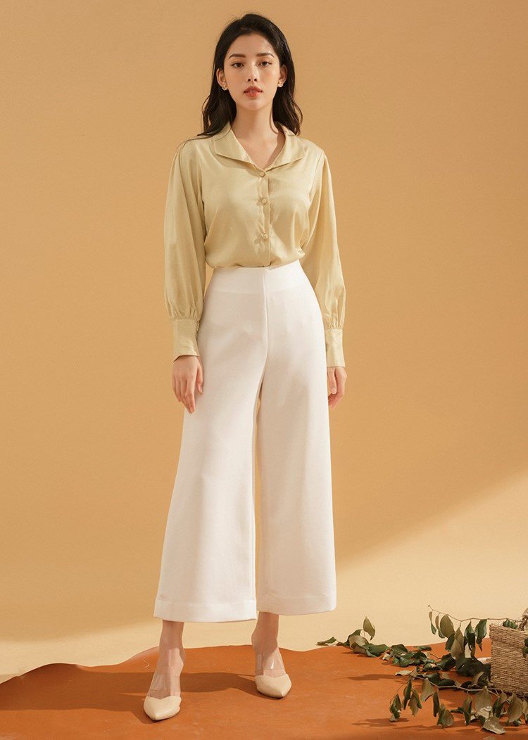  Outfit đậm chất công sở với quần culottes trắng, áo sơ mi vàng trơn, cho chị em nét duyên dáng và rạng rỡ