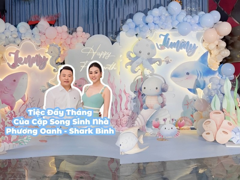 Theo chia sẻ, Phương Oanh là người lên ý tưởng cho buổi tiệc đầy tháng này. Không gian có màu sắc chủ đạo là xanh và hồng nhẹ nhàng, xung quanh trang trí theo chủ đề 'baby shark' vô cùng đáng yêu.
