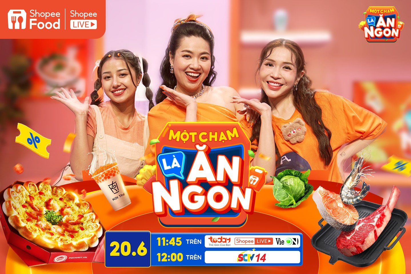 Đón xem Một Chạm Là Ăn Ngon “cộp mác” ShopeeFood vào trưa ngày 20.6 để gặp gỡ với 3 “mỹ nữ” hài hước và săn deal hời từ các thương hiệu đồ uống đình đám nhé bạn ơi!