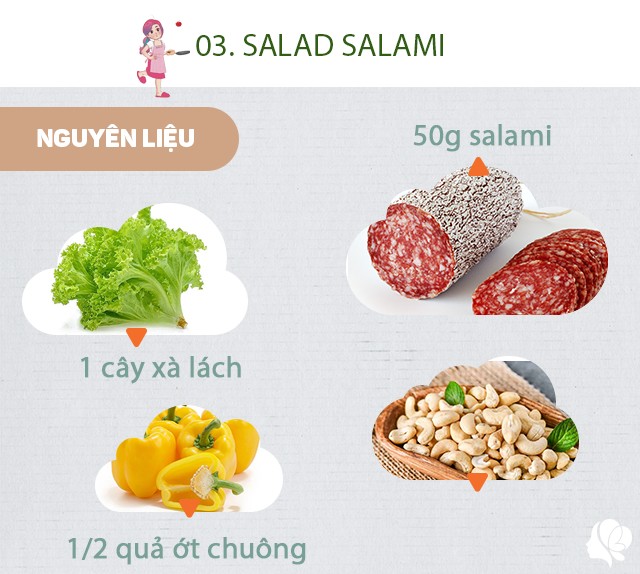 Chuẩn bị: 1 cây xà lách, 50g salami thái lát, 1/2 quả ớt chuông vàng, 50g hạt điều.