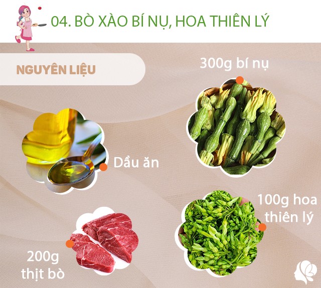 Chuẩn bị: 200g thịt bò, 100g thiên lý, dầu ăn, 300g bí nụ, muối, gừng, tỏi.