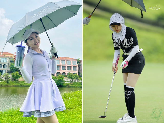 Khi lên sân golf, Hiền Nguyễn chống nắng với quần áo dài tay, ô và mũ và mặt nạ chống nắng