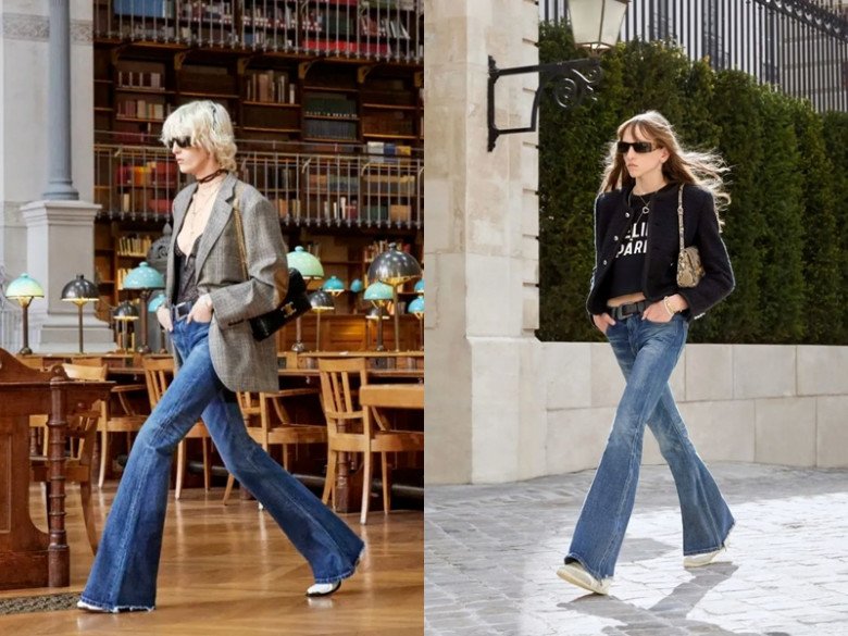 Các nữ blogger thời trang người Pháp đều chọn quần ống loe cạp cao và kết hợp với áo ngắn để cân chỉnh tỷ lệ cơ thể một cách trực quan. 