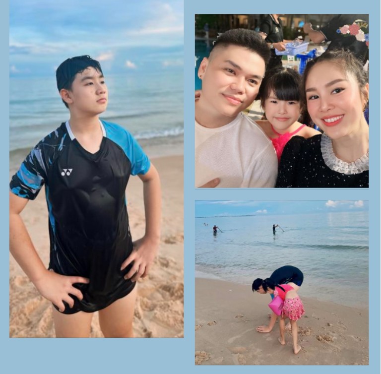 Lê Phương khoe ảnh gia đình đi chơi biển.