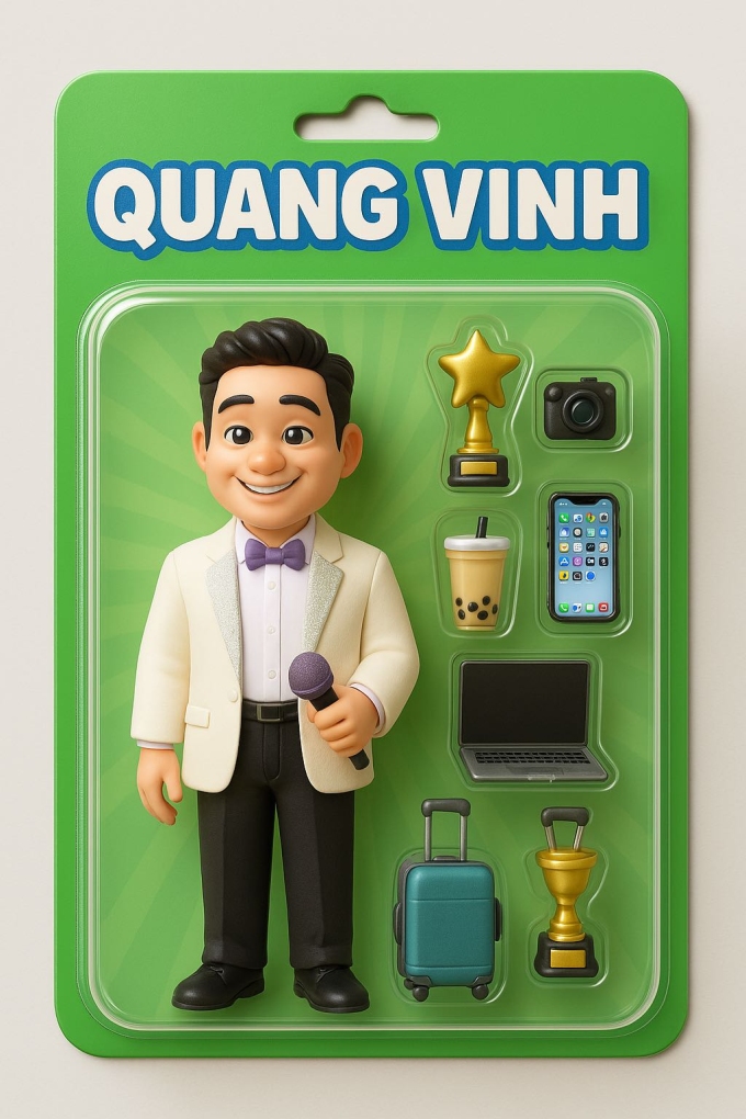 Ca sĩ Quang Vinh bắt trend hộp đồ chơi AI miêu tả bản thân làm ca sĩ và đam mê du lịch.