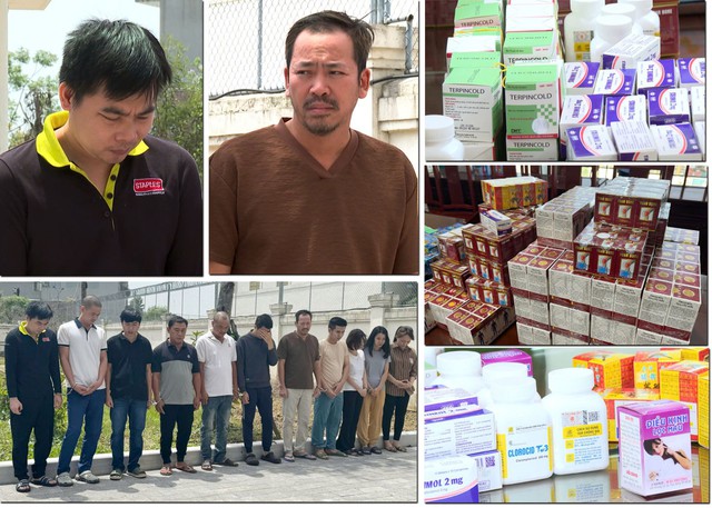 Nhóm đối tượng trong đường dây sản xuất thuốc giả cực khủng được Công an tỉnh Thanh Hóa bắt giữ. Ảnh: Công an Thanh Hóa