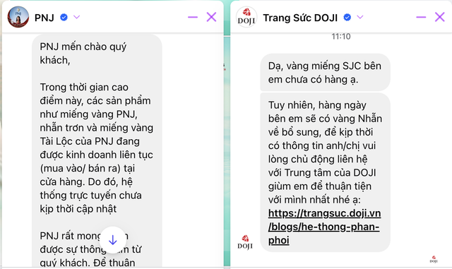 Nhân viên của PNJ, DOJI cho biết muốn mua vàng miếng SJC, khách nên tới cửa hàng gần nhất để hỏi
