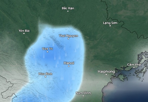 Dự báo có mưa ở một số tỉnh thành miền Bắc vào chiều hoặc tối nay (những vùng màu xanh da trời). Ảnh: Zoom Earth, OpenStreetMap, GFS.