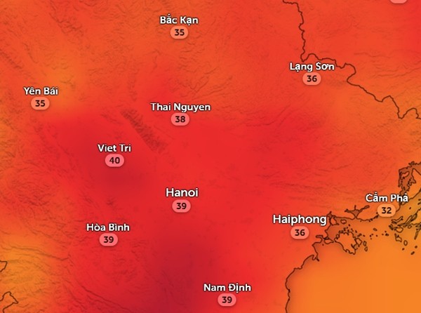 Nhiệt độ cảm nhận ở một số tỉnh thành miền Bắc chiều 6/5 có giảm được 1 - 3oC so với ngày hôm trước. Ảnh: Zoom Earth, OpenStreetMap, GFS.